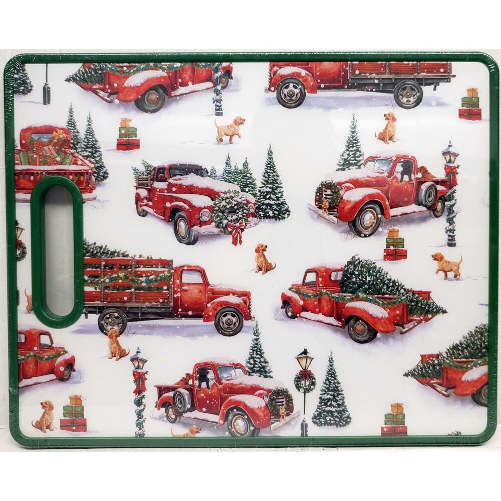 Kitchen Plastic Cutting Board(12"x15")CHRISTMAS TREESE ON TRUCKS & CARS,green,HL